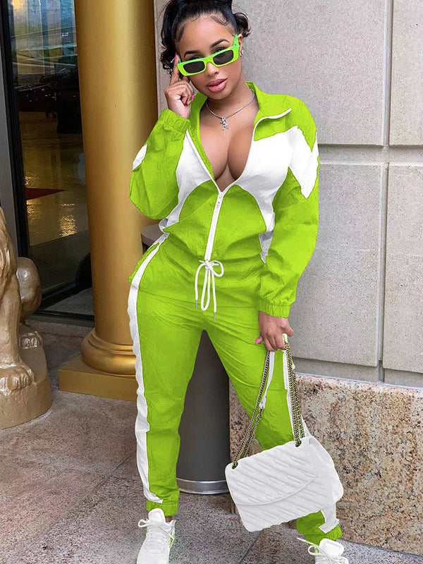 Two Piece Color Block Zip Up Tops & Long Pants