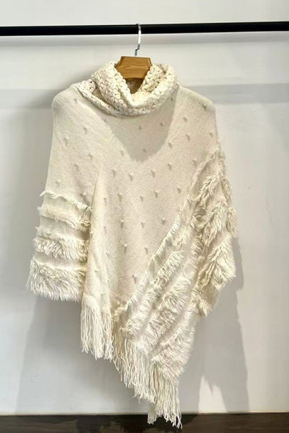 Pearl Stud Knit Fringed Cape Shawl