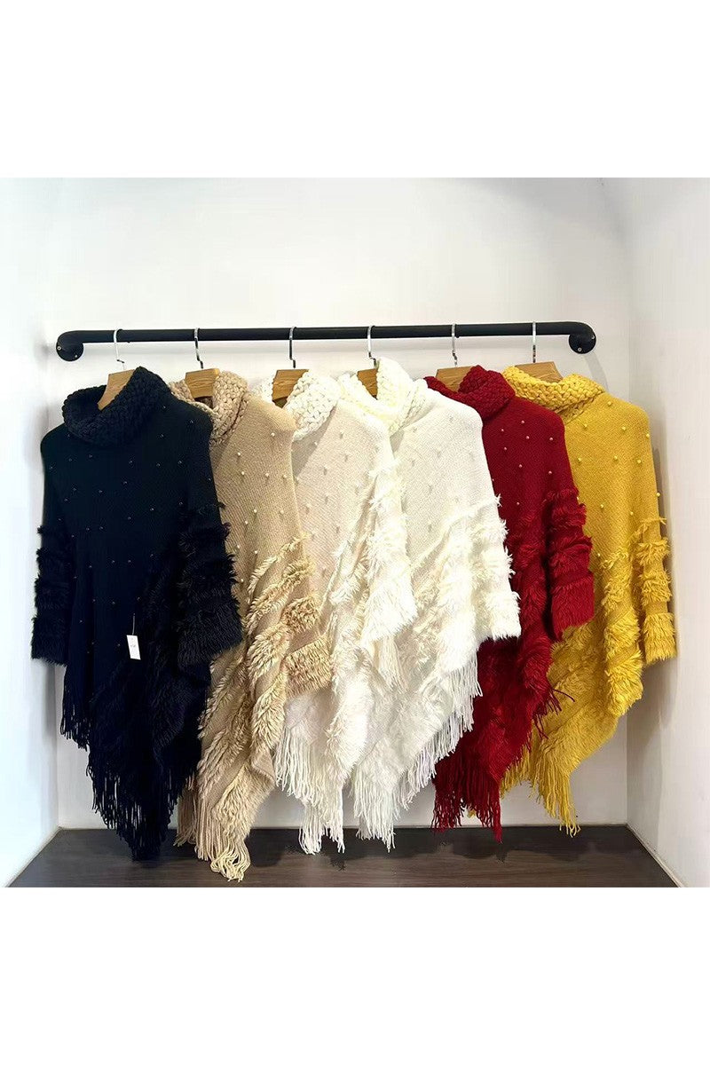 Pearl Stud Knit Fringed Cape Shawl
