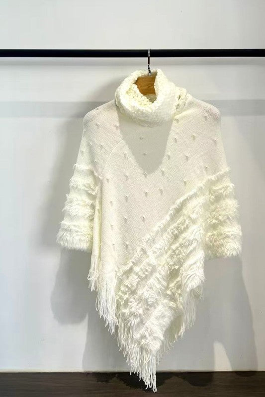 Pearl Stud Knit Fringed Cape Shawl