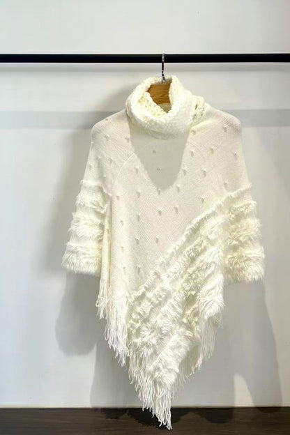 Pearl Stud Knit Fringed Cape Shawl