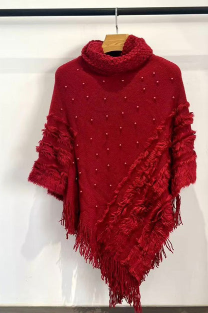 Pearl Stud Knit Fringed Cape Shawl