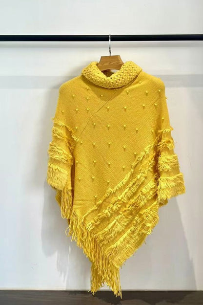 Pearl Stud Knit Fringed Cape Shawl