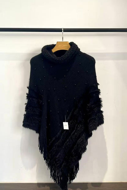 Pearl Stud Knit Fringed Cape Shawl