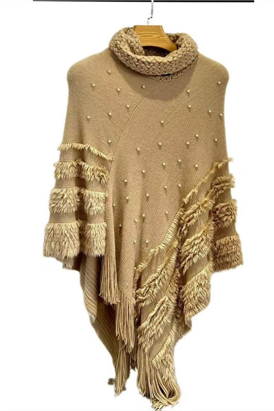 Pearl Stud Knit Fringed Cape Shawl