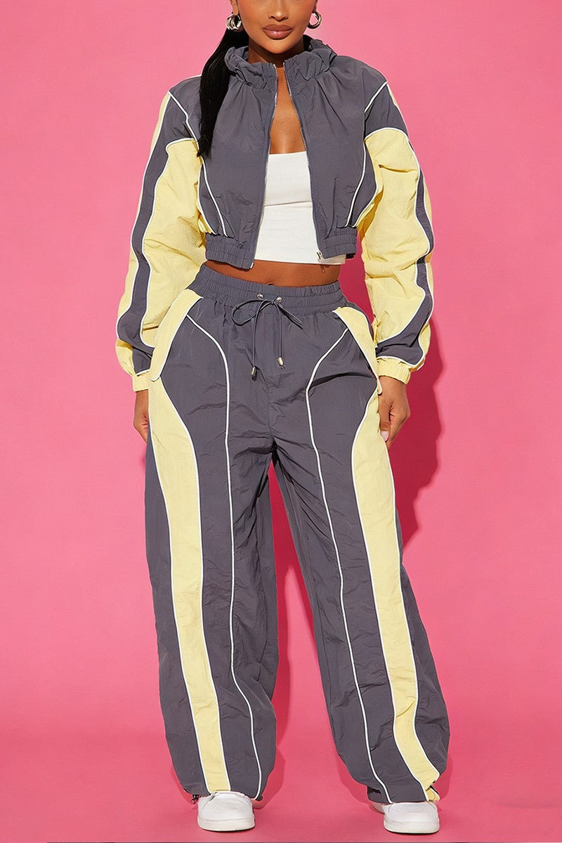 Color Block Zip Jacket And Pants Set