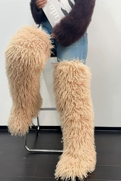 Long-plush Faux Beach Wool Furry Knee Boots