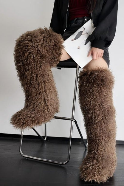 Long-plush Faux Beach Wool Furry Knee Boots