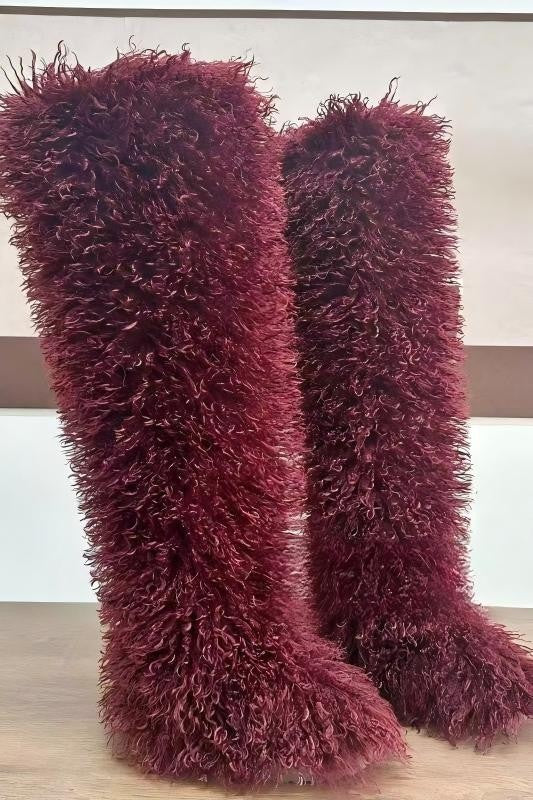Long-plush Faux Beach Wool Furry Knee Boots