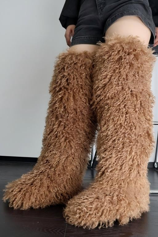 Long-plush Faux Beach Wool Furry Knee Boots
