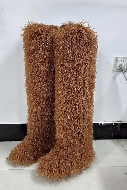 Long-plush Faux Beach Wool Furry Knee Boots