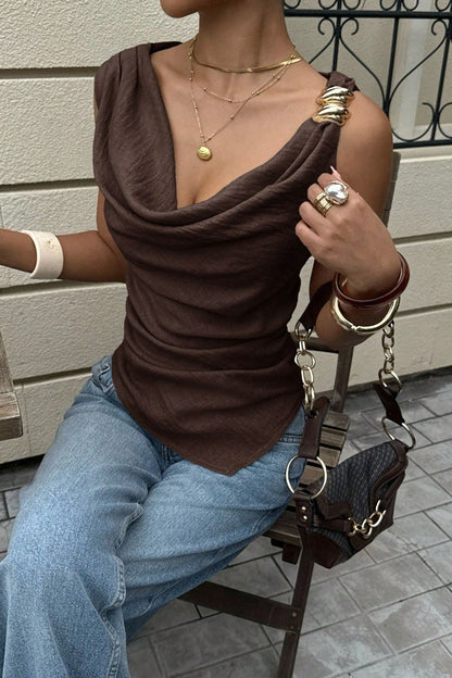 Draped Shoulder Embellished Tank Top