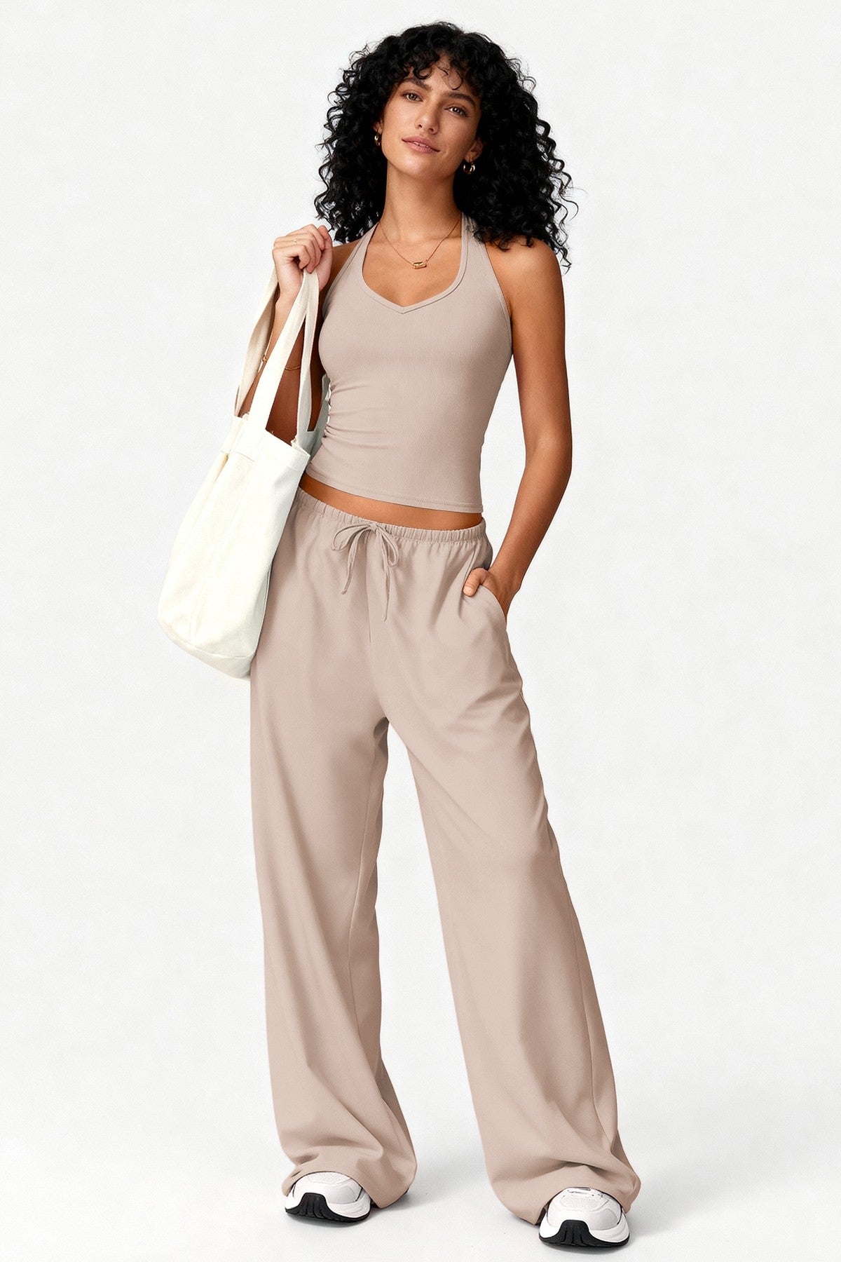 2pc Crop Tank W/bra & Wide-leg Pants Lounge Set