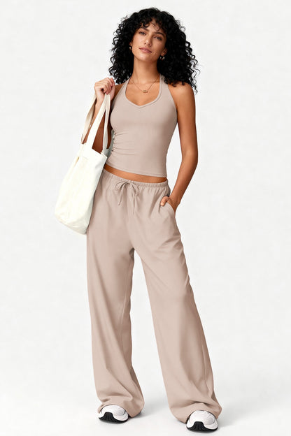 2pc Crop Tank W/bra & Wide-leg Pants Lounge Set