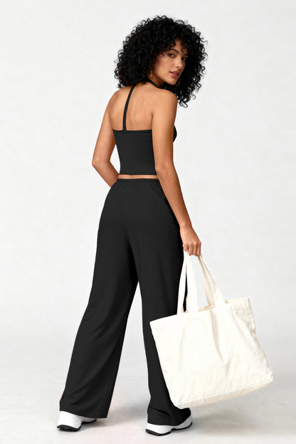 2pc Crop Tank W/bra & Wide-leg Pants Lounge Set