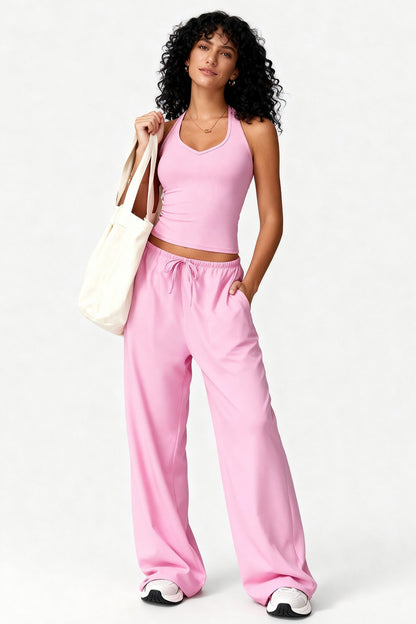 2pc Crop Tank W/bra & Wide-leg Pants Lounge Set