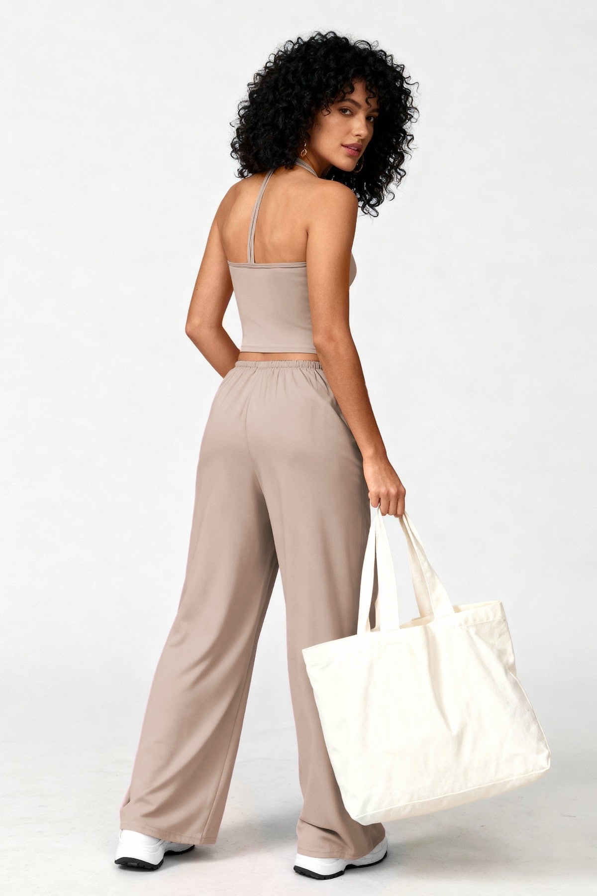 2pc Crop Tank W/bra & Wide-leg Pants Lounge Set