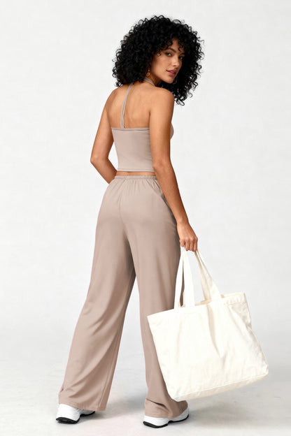 2pc Crop Tank W/bra & Wide-leg Pants Lounge Set