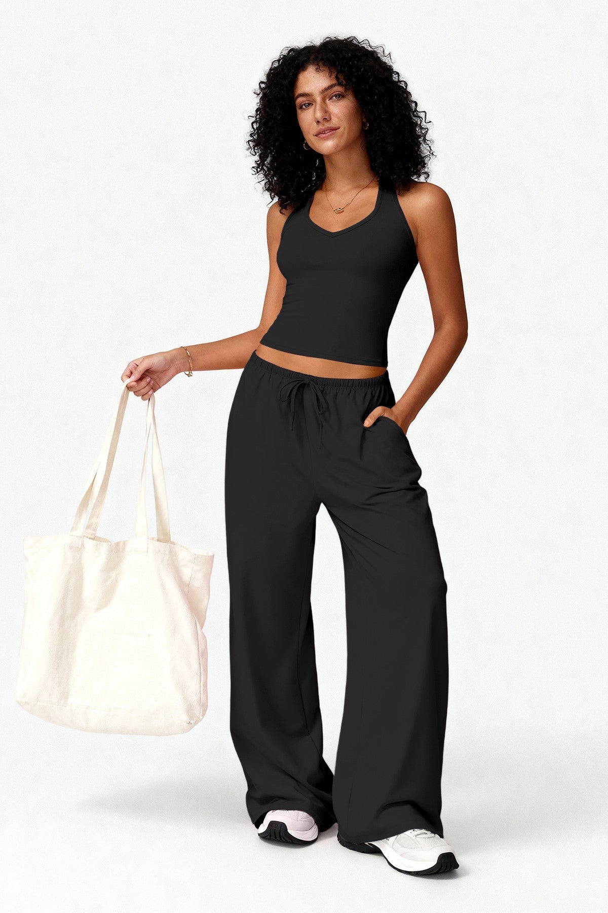 2pc Crop Tank W/bra & Wide-leg Pants Lounge Set