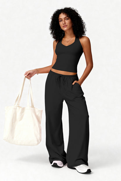 2pc Crop Tank W/bra & Wide-leg Pants Lounge Set