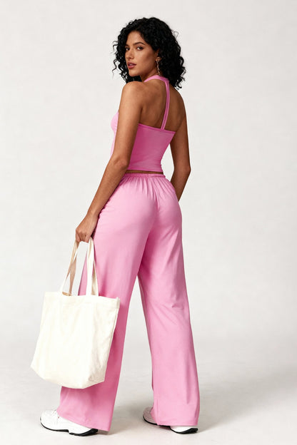 2pc Crop Tank W/bra & Wide-leg Pants Lounge Set