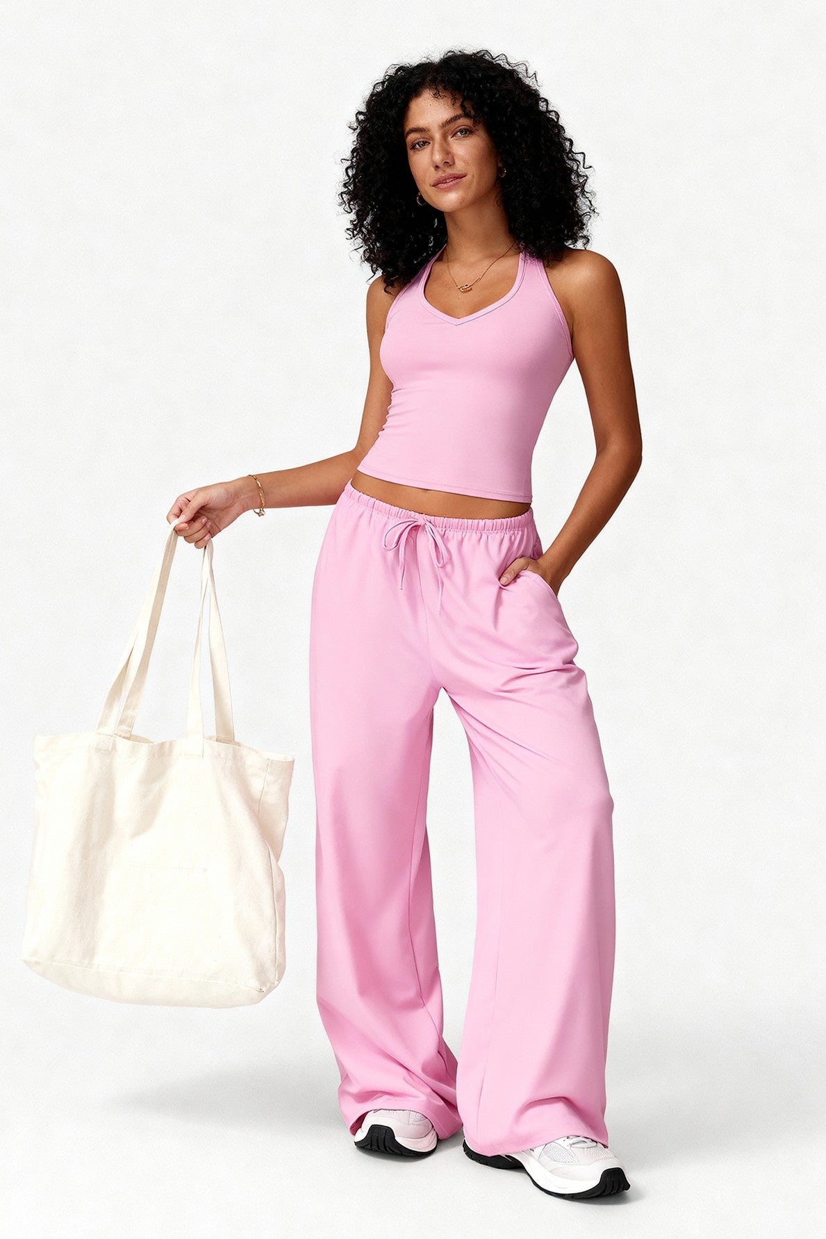 2pc Crop Tank W/bra & Wide-leg Pants Lounge Set