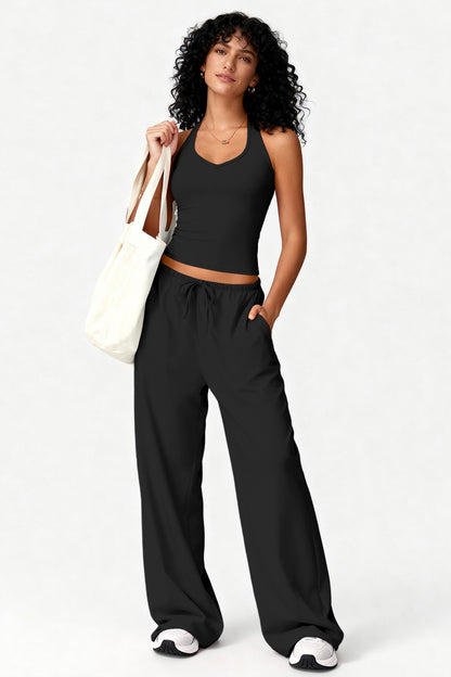 2pc Crop Tank W/bra & Wide-leg Pants Lounge Set