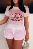 Multicolor Casual Print Short Sleeve Two Pieces