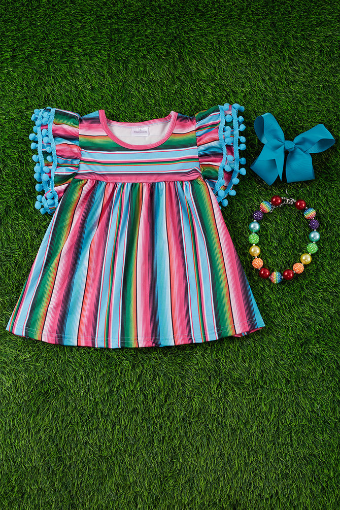 SERAPE PRINTED GIRLS TUNIC W/ TURQUOISE POM POMS