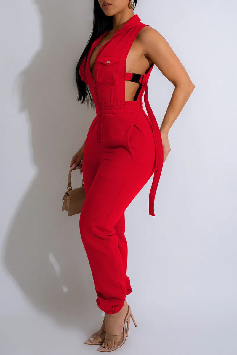 Casual Solid Zipper Collar Jumpsuits
