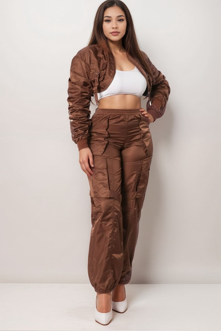 Nylon Cropped Cargo Bomber Jacket and Jogger Pant
