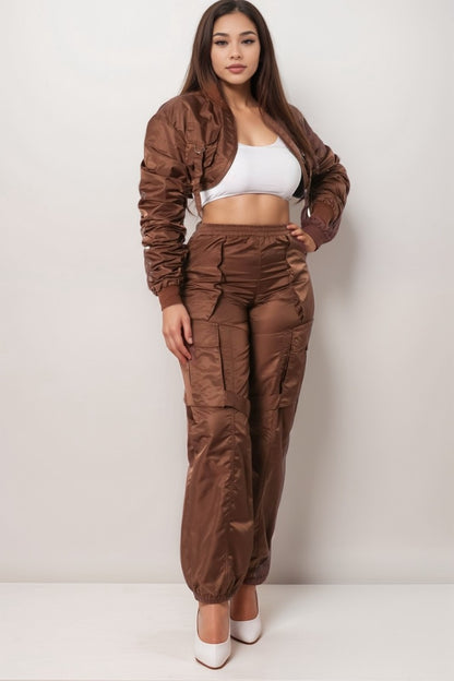Nylon Cropped Cargo Bomber Jacket and Jogger Pant