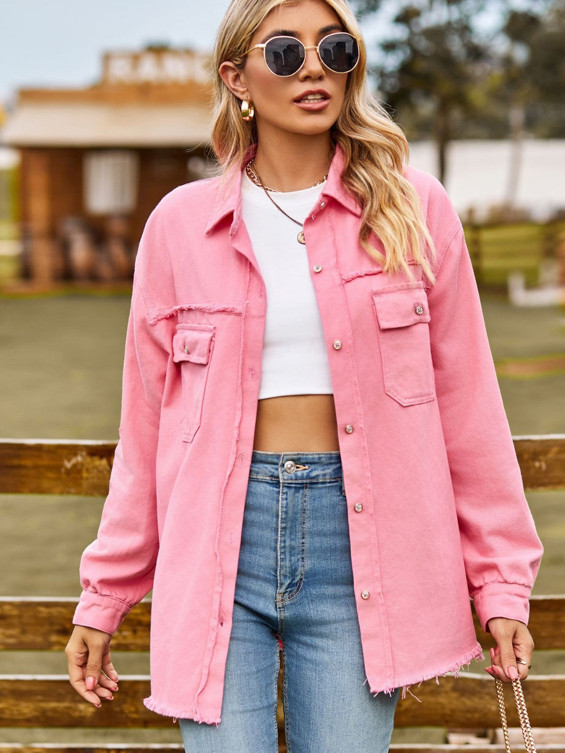 Button Up Collared Neck Raw Hem Denim Top