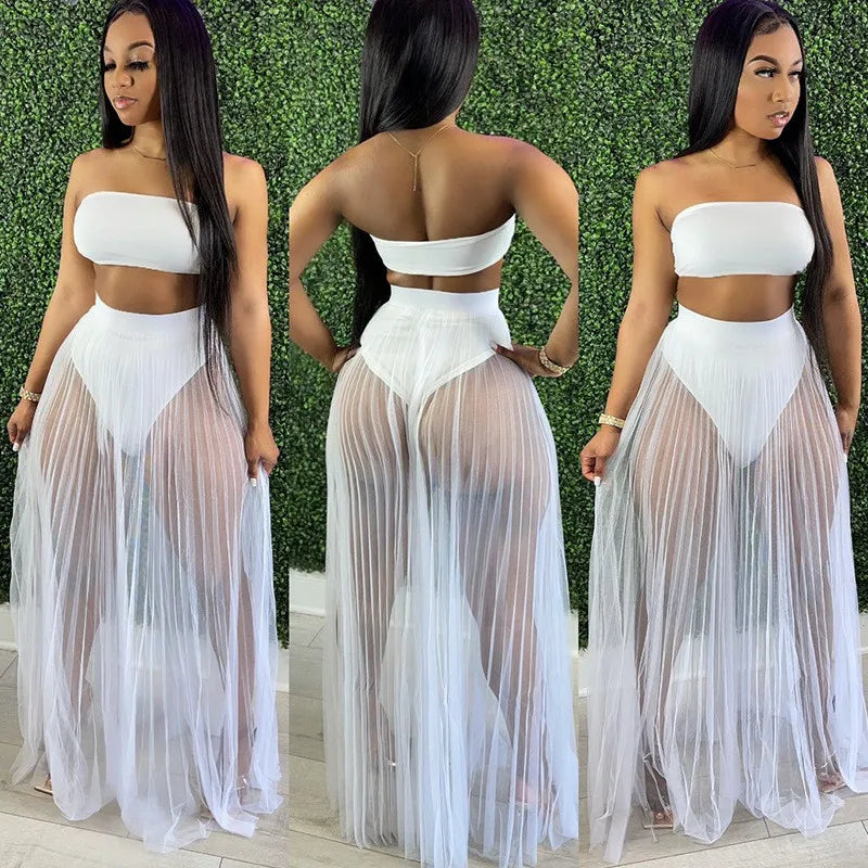 Strapless Crop Top Mesh Skirt Three-Piece Set