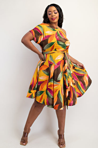 PLUS SIZE PRT KNIT SHORT SLEEVES FLARE DRESS WITH
