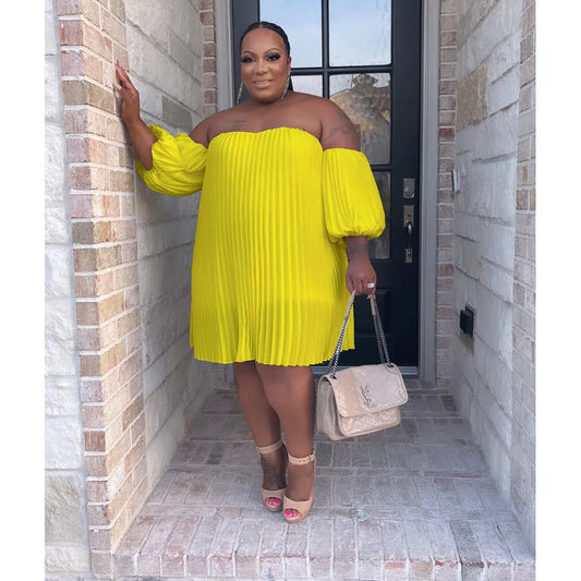 Chiffon Puff Sleeve Pleated off shoulder loose Dress