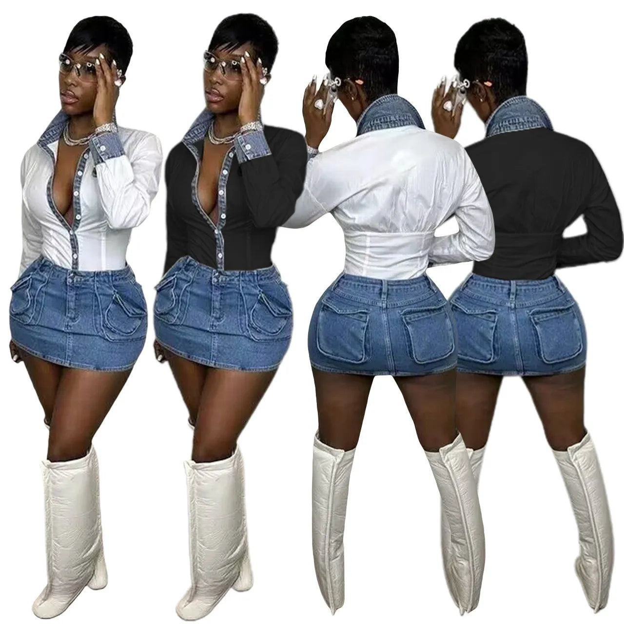 Sexy Lapel Shirt Denim Skirt Set