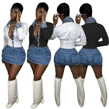 Sexy Lapel Shirt Denim Skirt Set