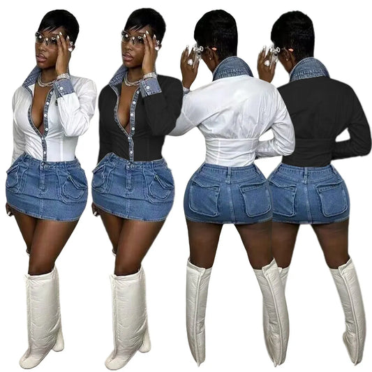 Sexy Lapel Shirt Denim Skirt Set