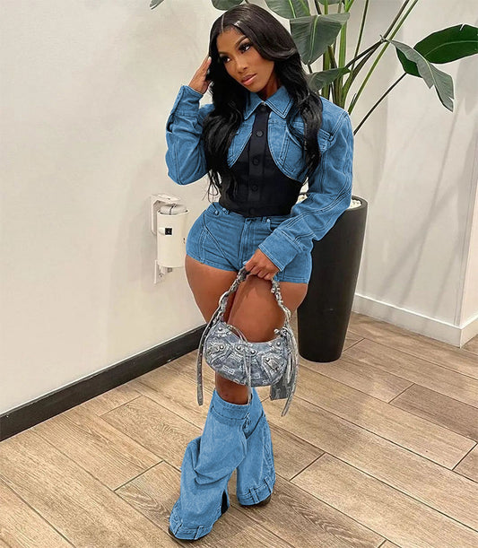Stretch Denim Top and Shorts Two-Piece Set