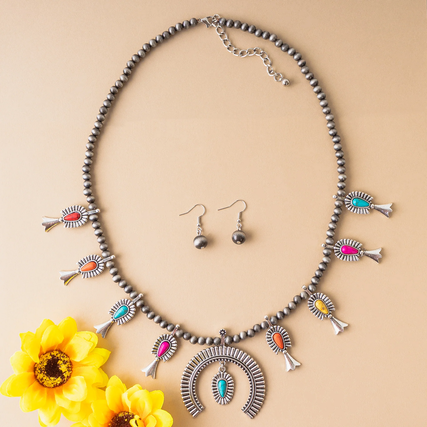 Red & Silver Squash Blossom Necklace Set