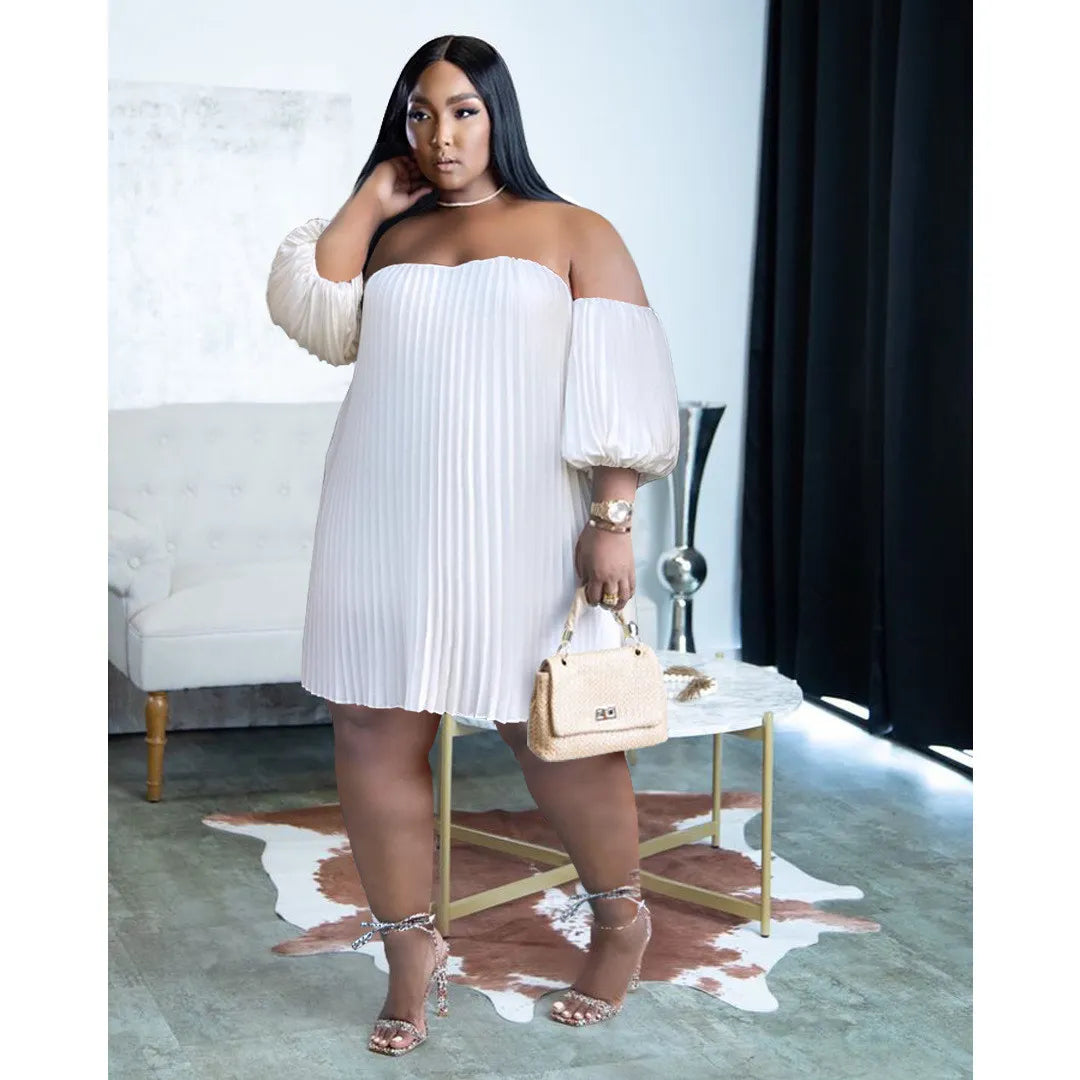 Chiffon Puff Sleeve Pleated off shoulder loose Dress