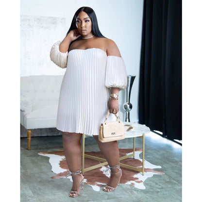 Chiffon Puff Sleeve Pleated off shoulder loose Dress
