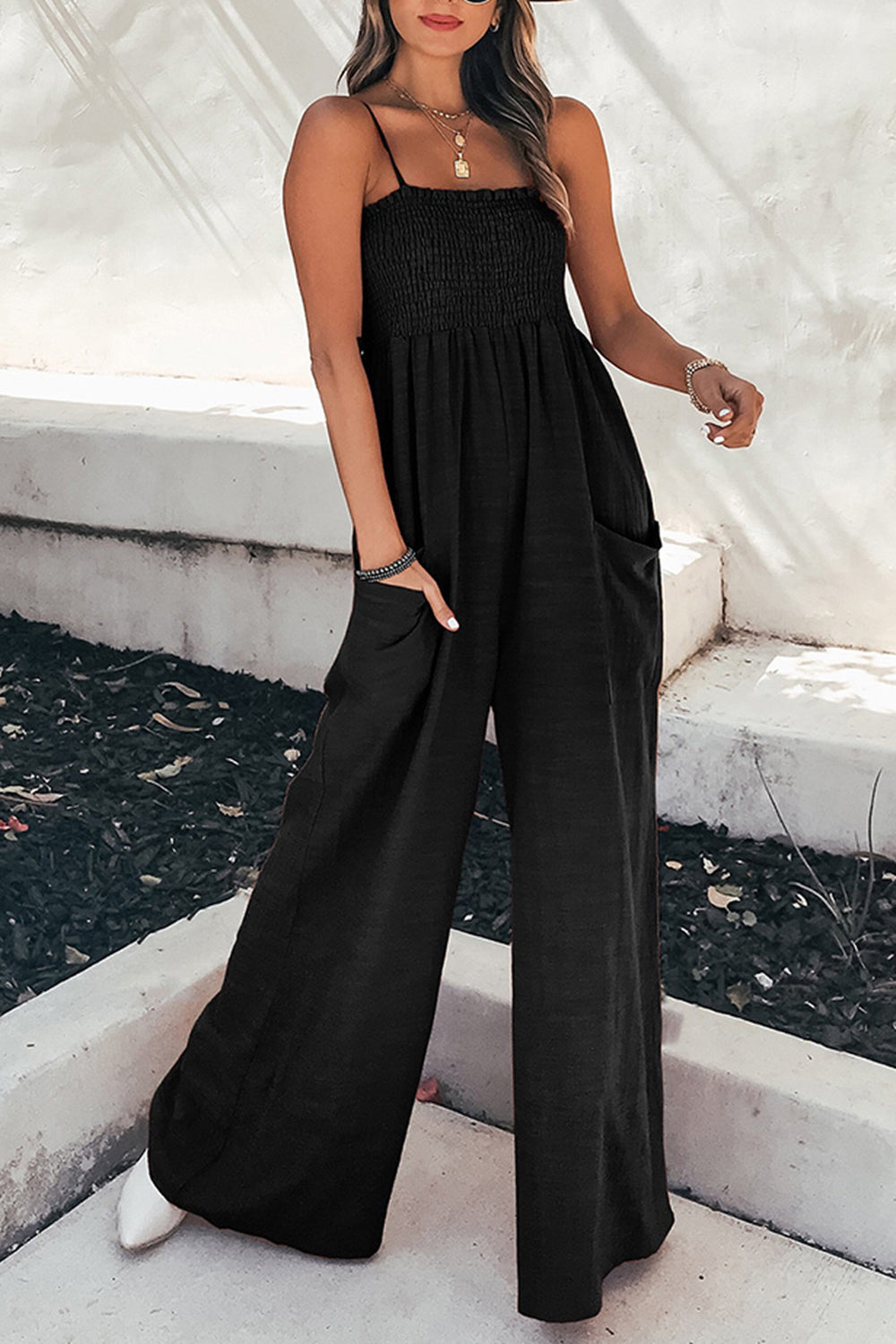 Spaghetti Strap Smocked Jumpsuit with Pockets