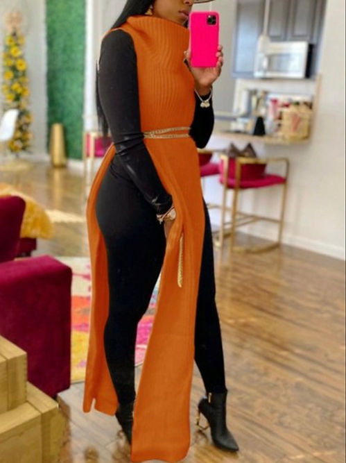 Turtleneck Side Slit Long Sweater Top