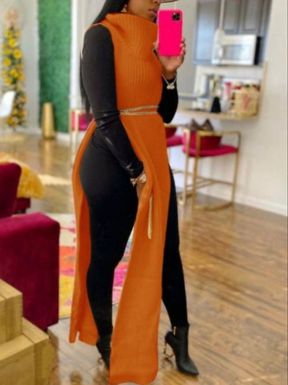 Turtleneck Side Slit Long Sweater Top