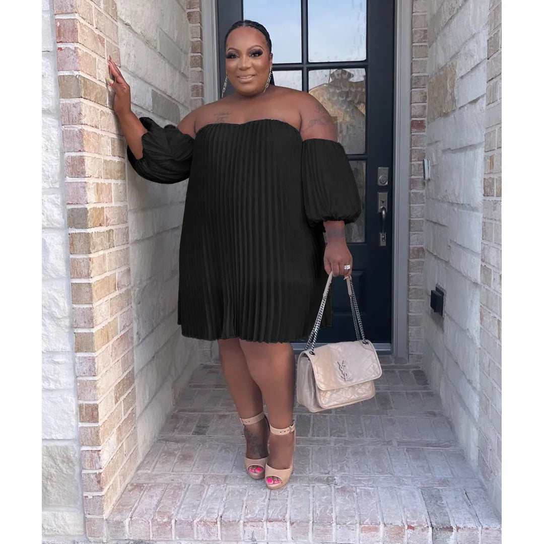 Chiffon Puff Sleeve Pleated off shoulder loose Dress