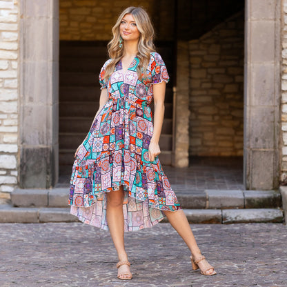 Bohemian Patchwork Print Dress with Pockets