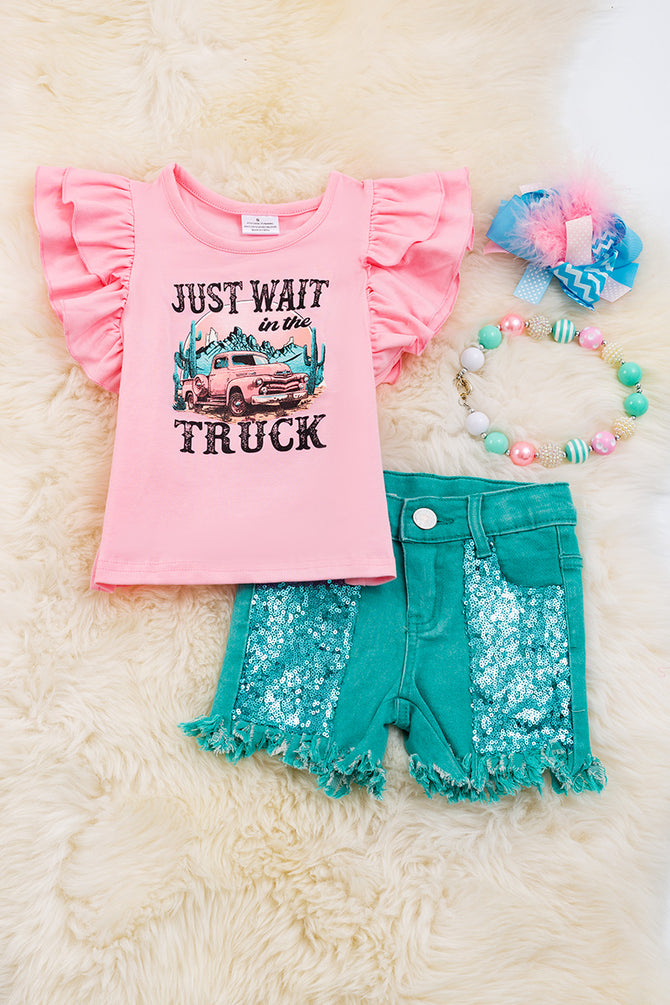 " PINK TRUCK PRINTED TOP & TURQUOISE DENIM SHORTS.