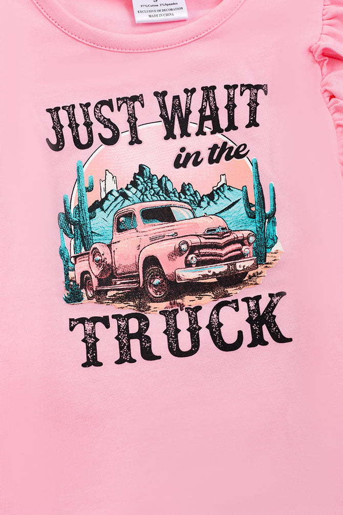 " PINK TRUCK PRINTED TOP & TURQUOISE DENIM SHORTS.